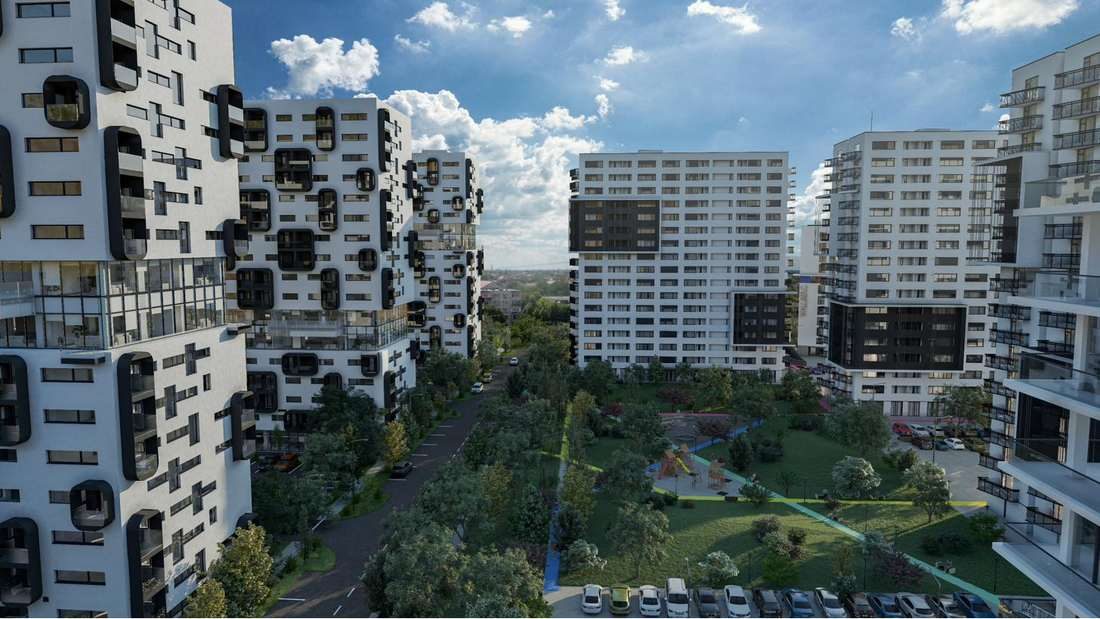 Parcul central dintre turnurile XCity Towers, în nordul Timișoarei, cu alei, locuri de joacă și spații verzi